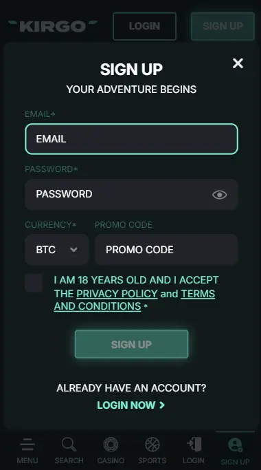 Kirgo Casino PWA registration form screenshot
