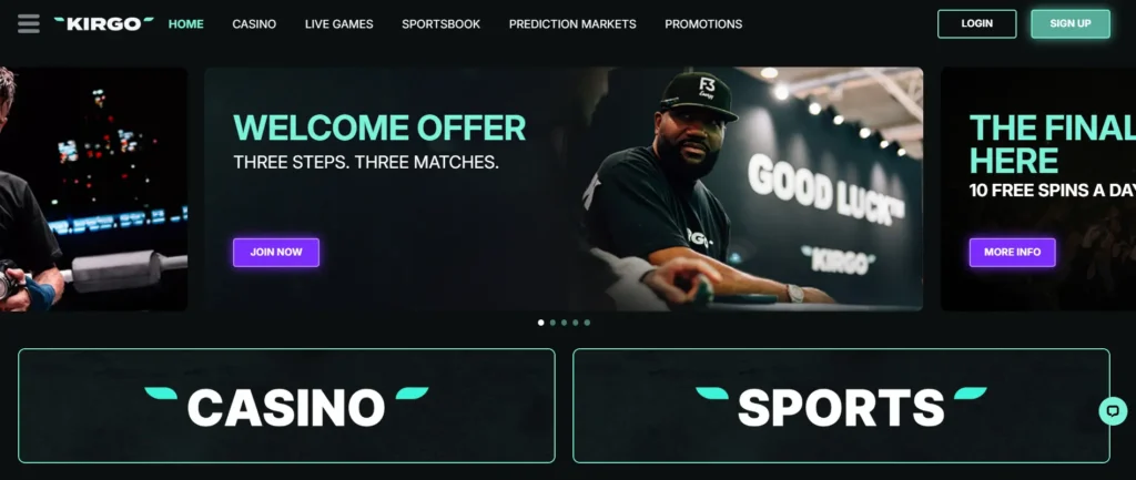 Kirgo Casino website interface with dark theme and navigation icons