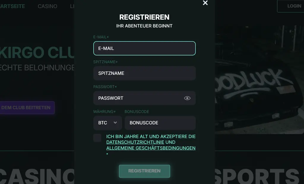 Registrierungsformular für Casino Kirgo mit Feldern für E-Mail und Passwort