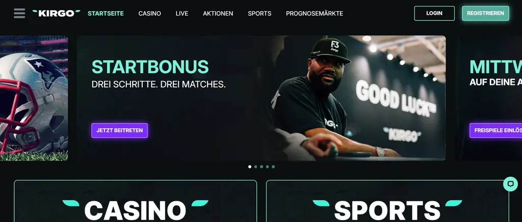 Benutzeroberfläche der Kirgo-Casino-Website mit Dark-Mode-Design und Navigationssymbolen
